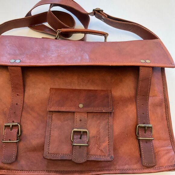 Cognac Leather Briefcase Messinger Bag Satchel Crossbody Laptopcase - Picture 7 of 12